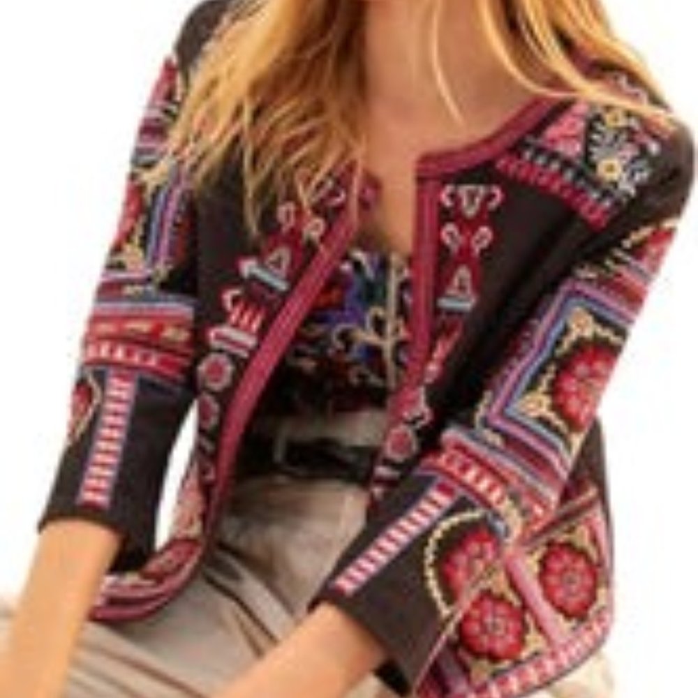 NTHR Women’s Open Front Embroidered Beaded Black Cotton Crop Jacket - Picture 5 of 12